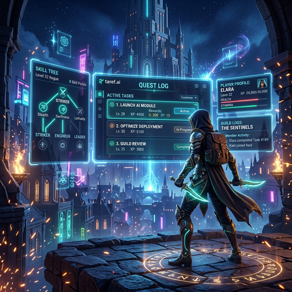 Painel do taref.ai mostrando tarefas integradas ao RPG